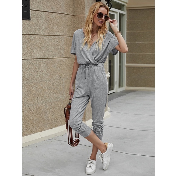 Rouge! Pants - Surplice Top Drawstring Waist Grey Jumpsuit